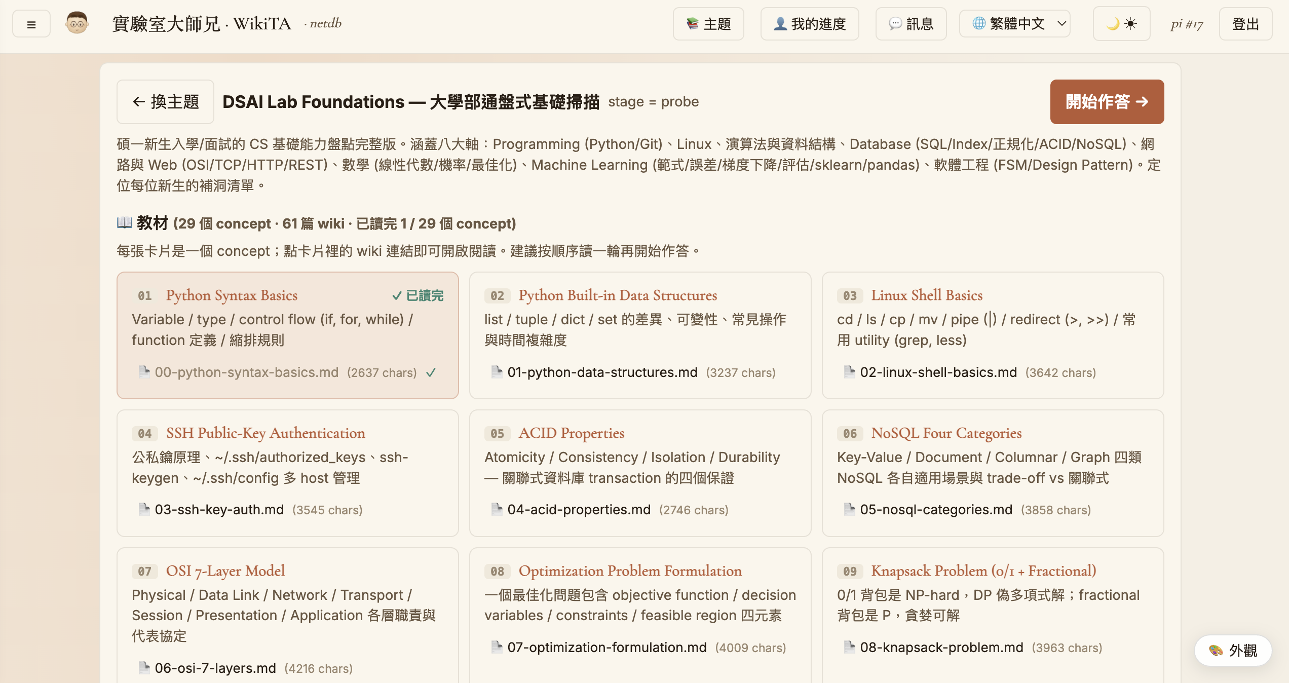 主題教材總覽，列出所有觀念卡片與對應 wiki
